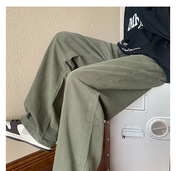 Hosen-Look Schlanke, übergroße Jeans in Militärgrün, gerade, lockere Hose mit weitem Bein für Herren im American High Street-Stil_voghion.com