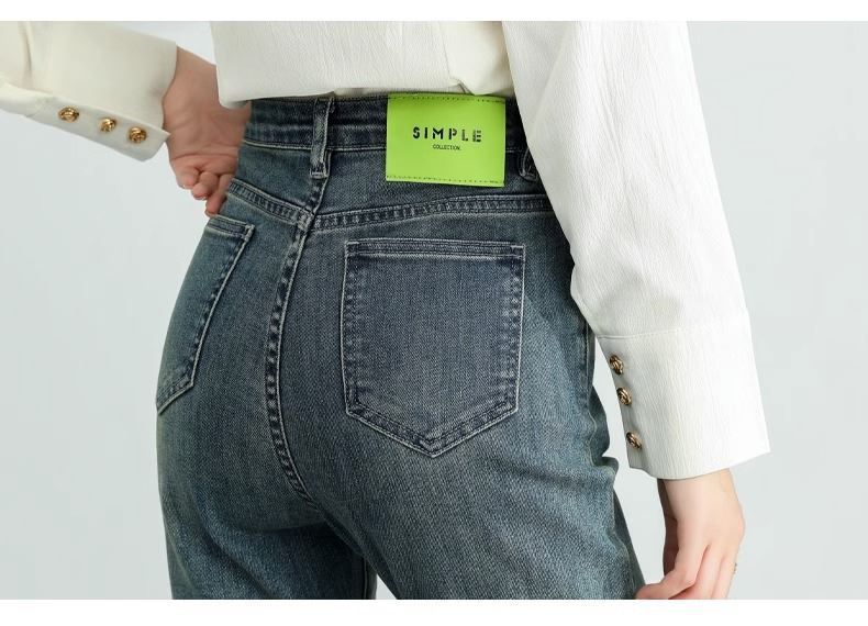 Green Label Design Kleine Jeans mit geradem Bein für Damen, Slim Fit, elastische Birnenform, hohe Taille, Nine Point Smok Pipe Pants_voghion.com