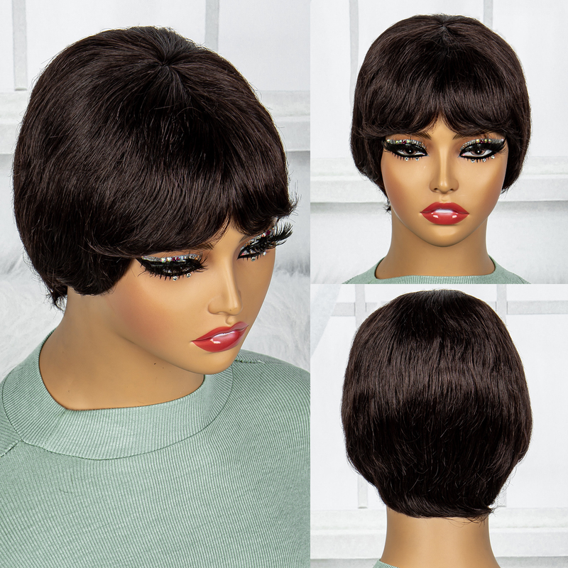 Kurze Perücken mit Pony, geschichteter Schnitt, natürliche Locken, glatte Echthaar-Perücke für Frauen_voghion.com