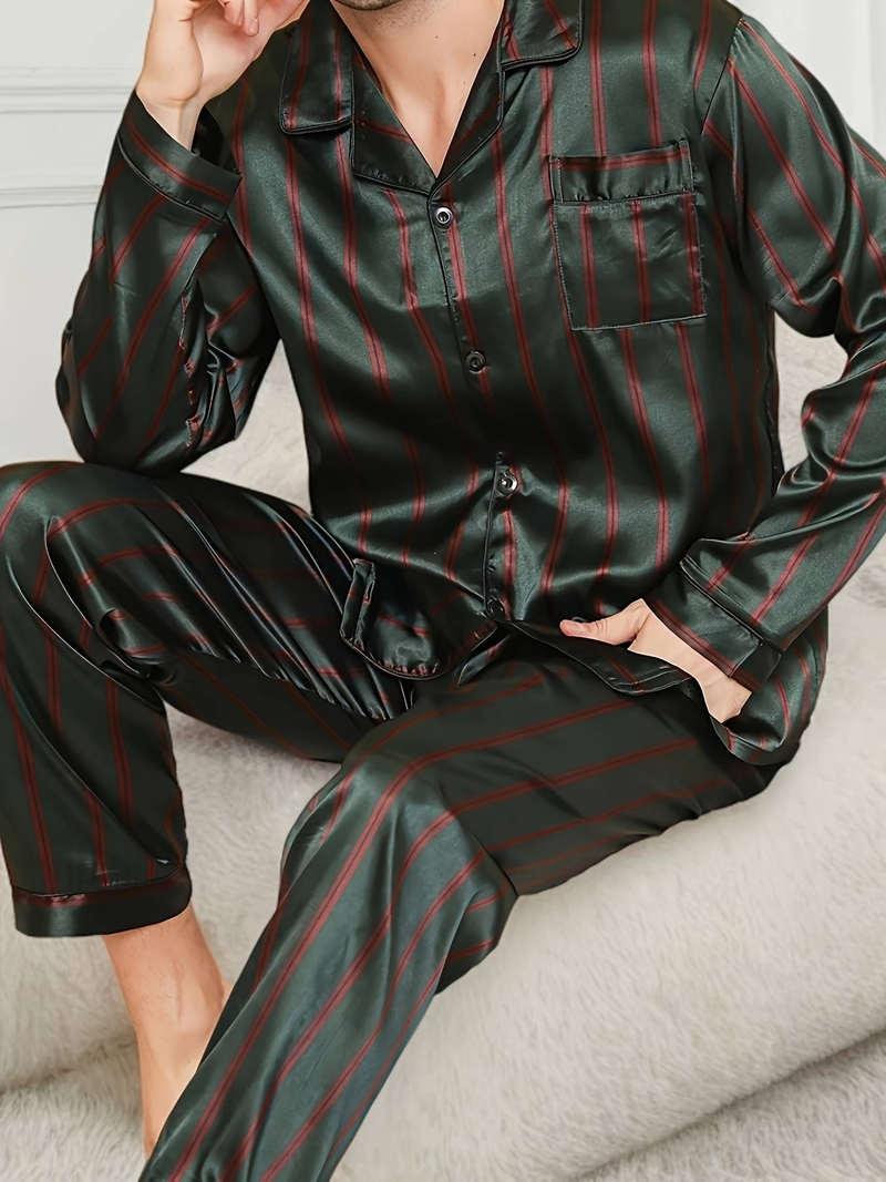 2-teiliges Herren-Pyjama-Set, gestreiftes Herren-Pyjama-Set, lange Ärmel und Hose, lässiger Reverskragen, gewebter Stoff, geeignet für Frühling/Herbst_voghion.com