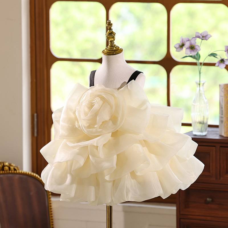 Elegante abito da principessa floreale per bambine - Abito da festa in tulle senza spalline color champagne con volant, perfetto per compleanni e occasioni speciali_voghion.com