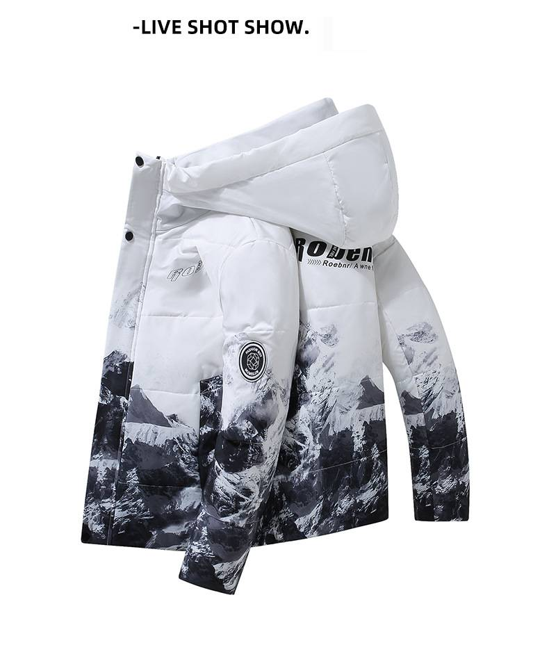 Men's Clothing Winter Couple Fashion Snow Mountain Down Jacket, Lightweight Short Puffy Coat With White Duck Feather, Loose Fit Warm Hooded_voghion.com
