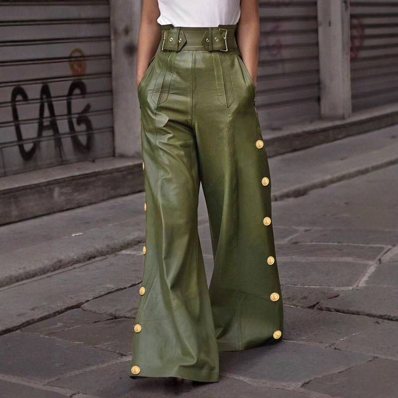 Natural Button-Front Wide Leg Pants - Casual Comfort Stretch Polyester Trousers In Black, Burgundy, Army Green (S-XXL)_voghion.com