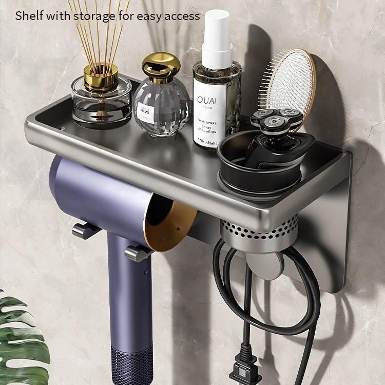 Porta asciugacapelli senza trapano - Organizer da parete con portabicchieri per bagno, nero/canna di fucile/oro nero_voghion.com