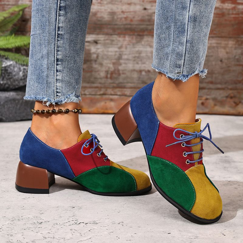 Women's High-heeled Casual Shoes With Color-blocking Design, Artistic And Retro Style, Lace-up Style Women's Shoes_voghion.com