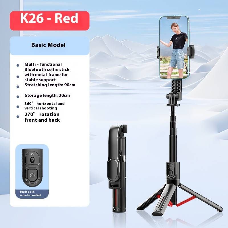 Bastão de selfie K26 Bluetooth com controle remoto, tripé extensível de 90 cm para fotografia com celular e transmissão ao vivo, compatibilidade universal para smartphones_voghion.com