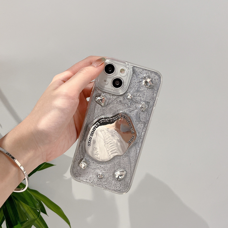 Funda para teléfono móvil con espejo de piedras preciosas con pigmento gris adecuada para iPhone 15 promax funda para teléfono móvil 14 Apple 13 pegamento 12 borde galvanizado_voghion.com