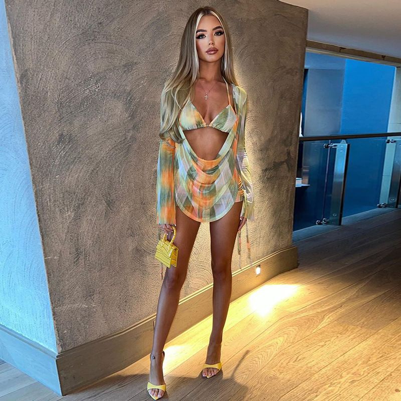 2025 Women's Summer New Painted Print Swing Neck Mesh See-through Ruched Tie Bra Set_voghion.com