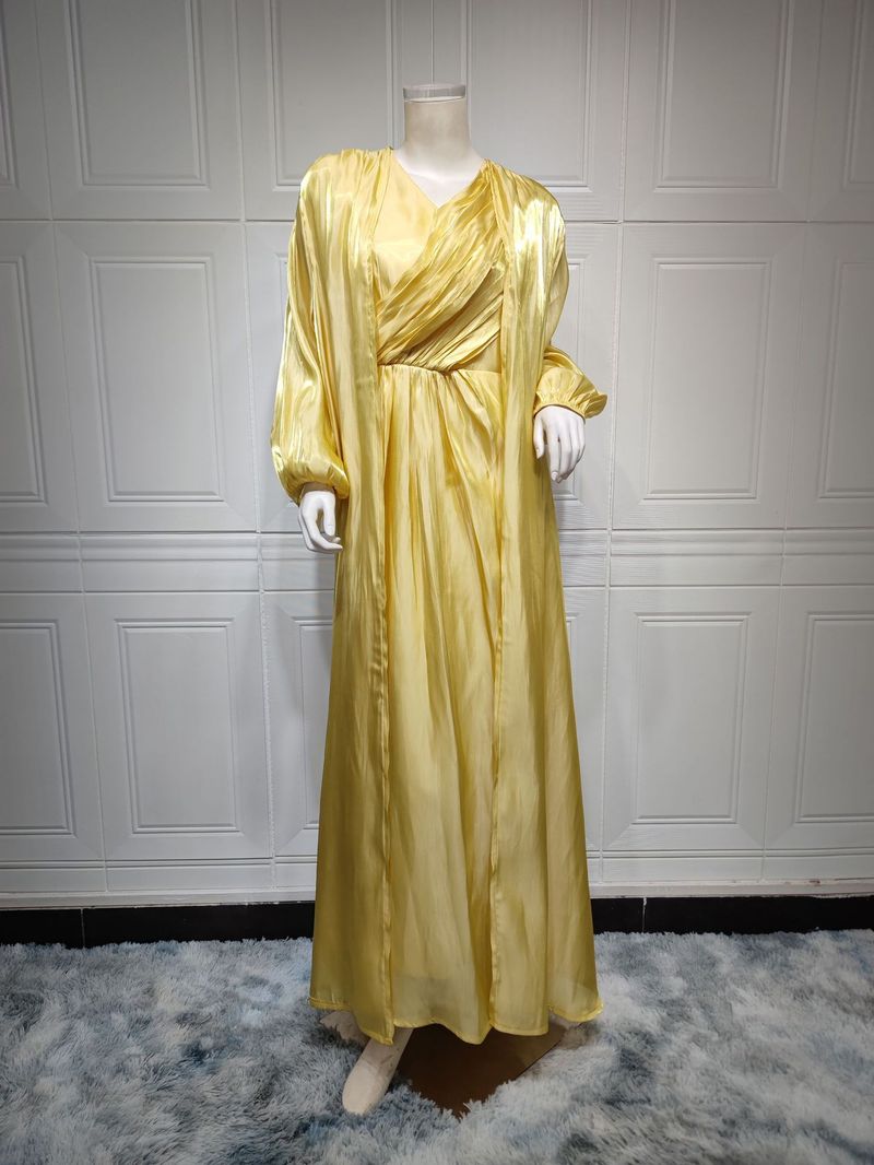 Damenbekleidung Helles Seidenkleid Dubai Robe Mode Abaya Weicher Zweiteiler_voghion.com