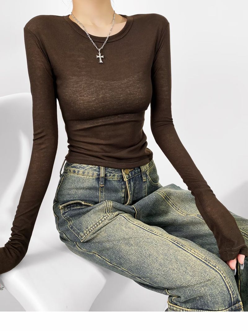 Light Thin Long Sleeved T-shirt For Women In Autumn 2025, Pure Seductive, With A Spicy Girl Temperament. Round Neck Slim_voghion.com