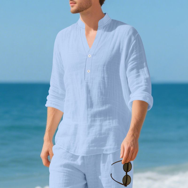 Maglietta a maniche lunghe con scollo a V in lino traspirante per uomo - Vestibilità rilassata, comfort casual, essenziale per l'estate_voghion.com