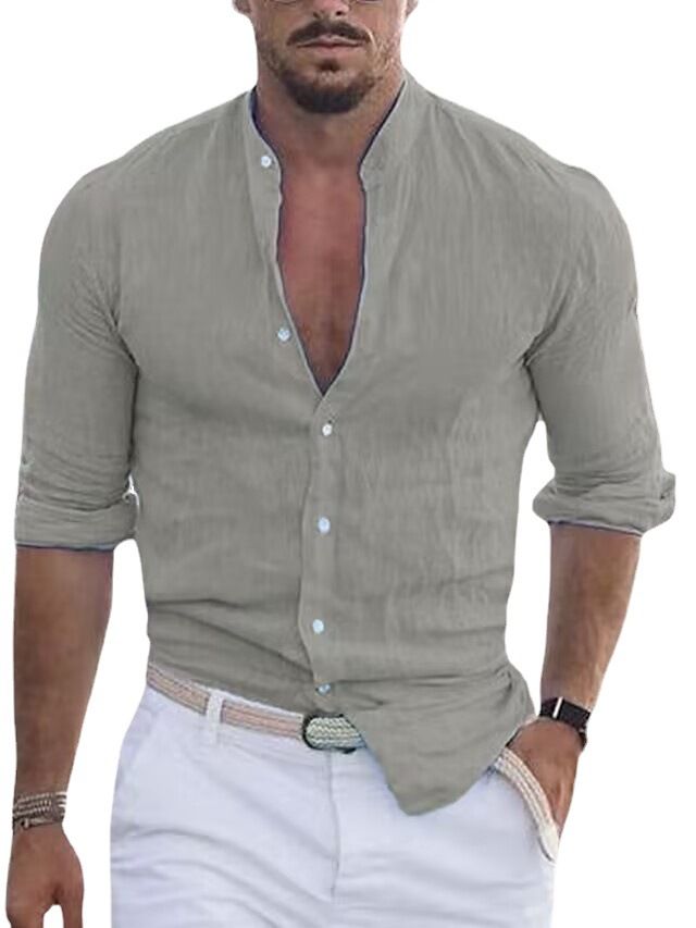Men's Clothing 2025 New Solid Color Linen Stand Collar Cardigan Long Sleeve Loose Men's Shirt_voghion.com