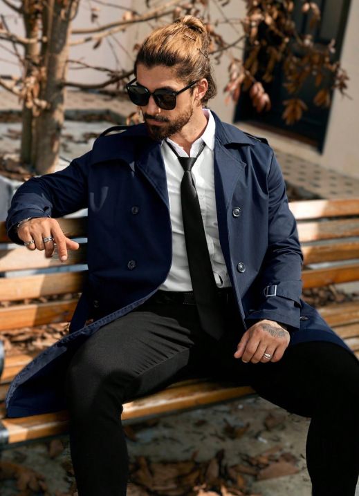 Herren Zweireihiger Trenchcoat Lang Slim Fit Lässiger Mantel Polyester Klassisch Blauer Mantel Für Herbst Frühling_voghion.com