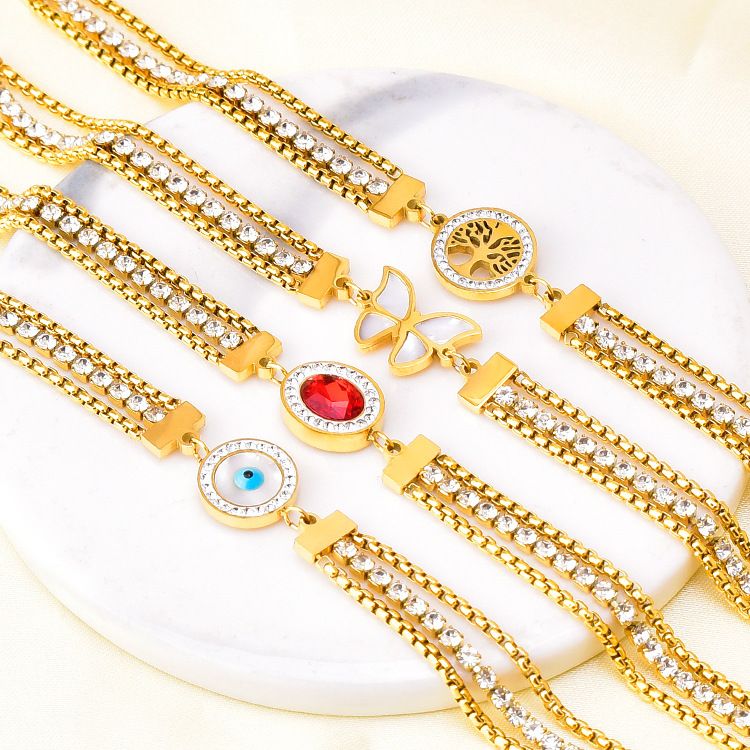 Braccialetto rosso con quattro farfalle e albero della vita, con occhio magico, design alla moda, catena a tre strati, gioielli intarsiati con zirconi_voghion.com