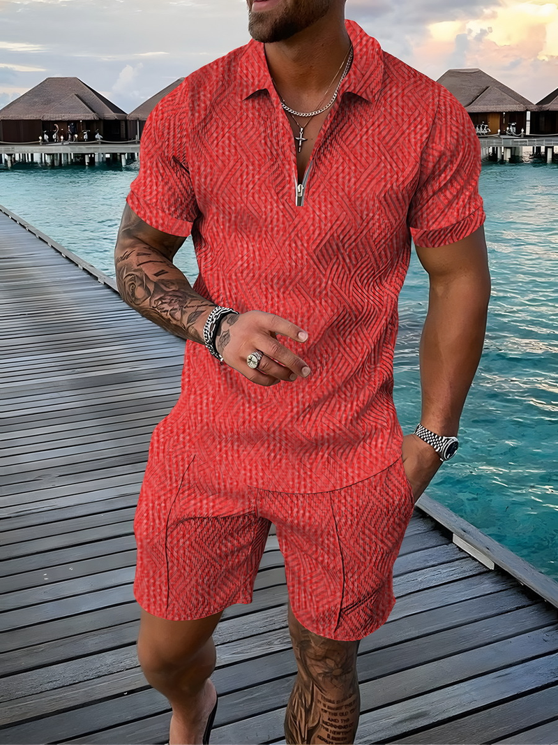Sommer Bunte Patch Herren Zweiteiler Sets Täglich Lässig Outdoor Reisen Poloshirt Shorts Anzug Übergroße Revers Reißverschluss Männliche Kleidung_voghion.com