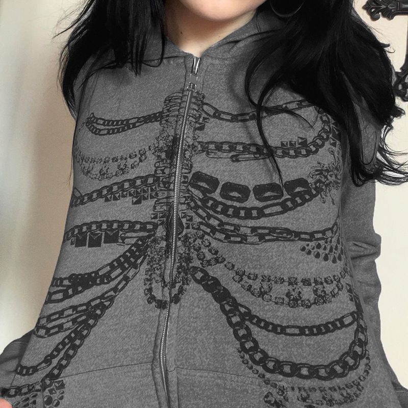 Personalized Dark Style Breastbone Print Hooded Cardigan Sweatshirt With American Niche Design, Loose Casual Jacket_voghion.com