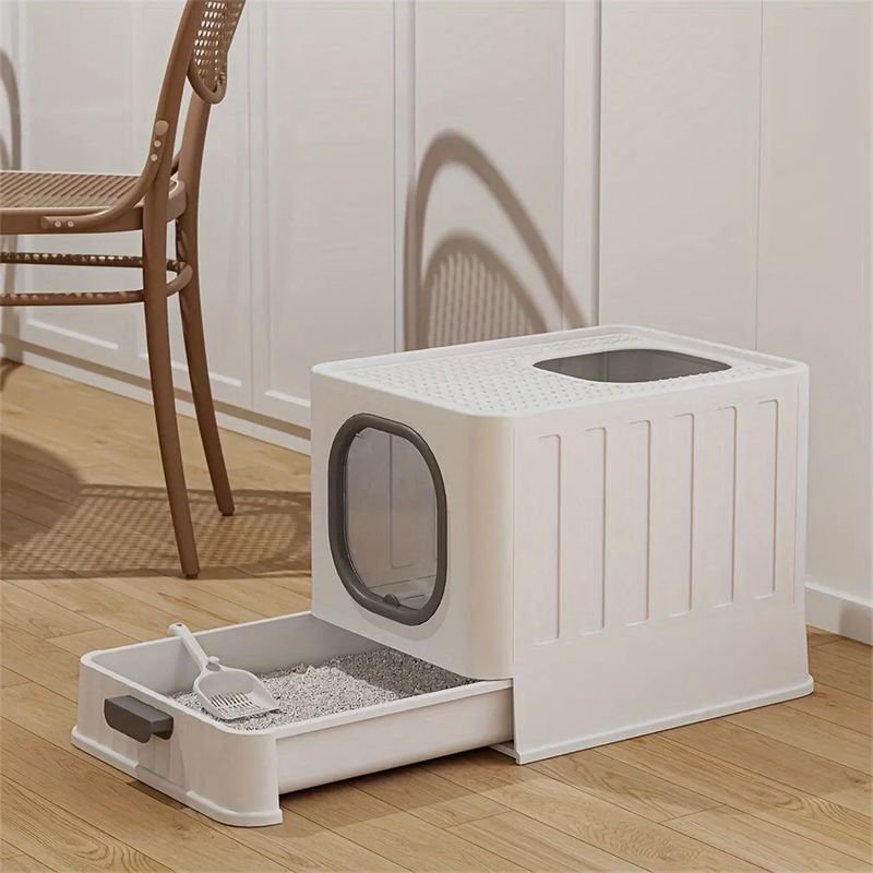 Leak-proof Enclosed Cat Litter Box Pull Drawer Kitten Training Toilet With Scoop And Lid Anti-Splashing_voghion.com