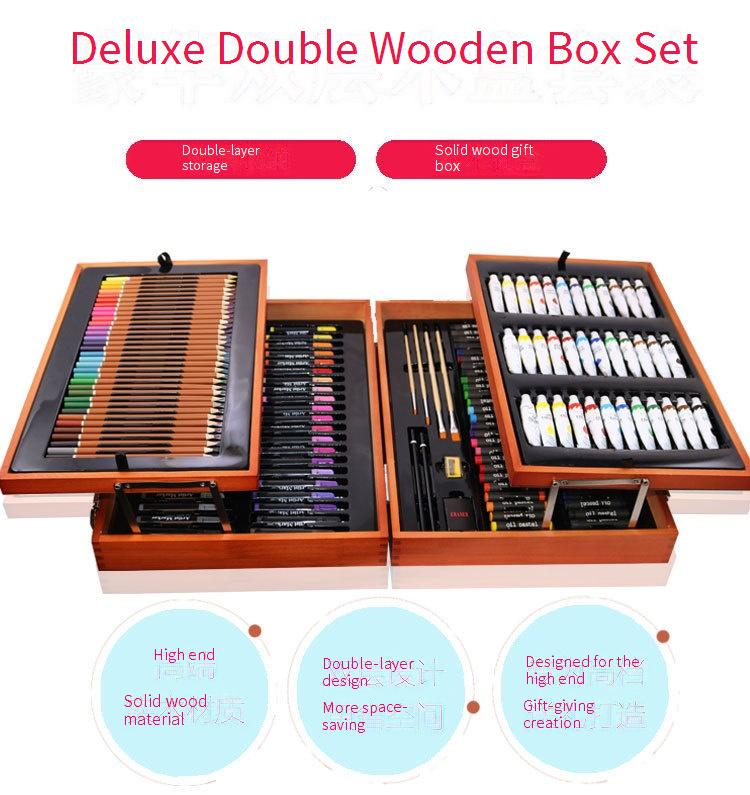174-Piece Deluxe Wooden Art Set For Kids - Double-Layer Storage Box With Watercolor Markers, Painting & Drawing Supplies, Creative Doodle Toy Gift_voghion.com