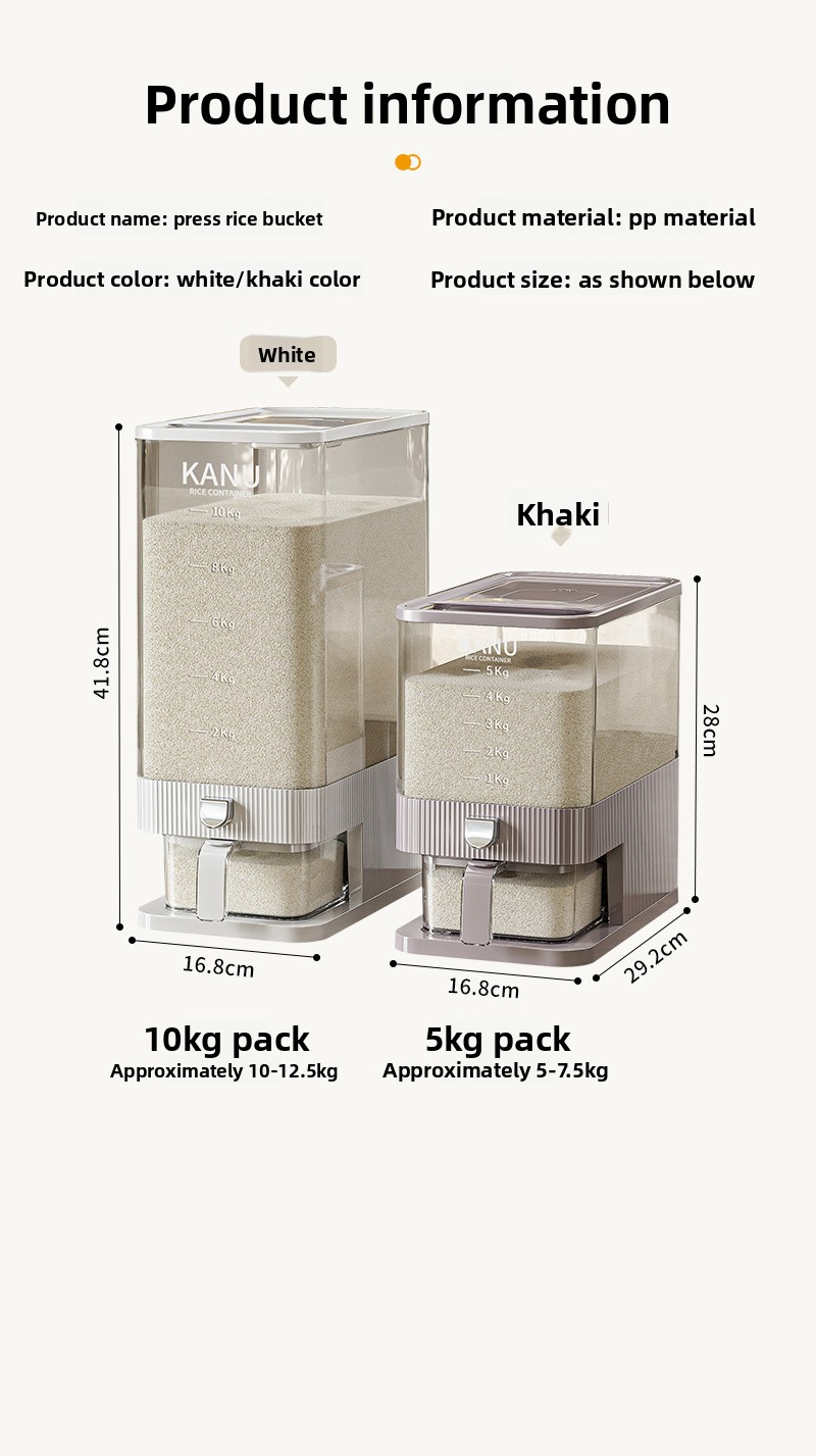 Contenedor hermético para arroz: contenedor de plástico sin BPA de 10/20 l con tapa con cierre (blanco/caqui, diseño antihumedad y antiplagas)_voghion.com