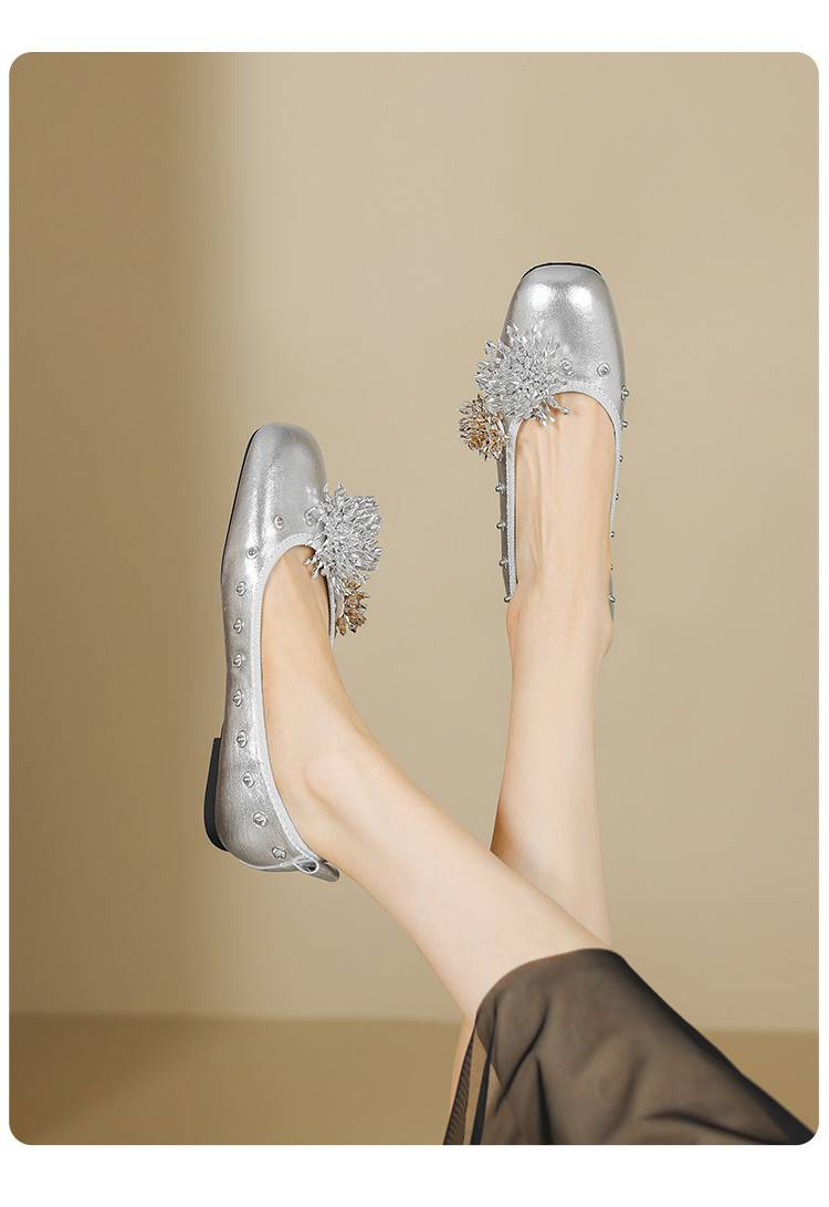 Cameido Women's Eco-Friendly PU Casual Shoes - Square Toe, 1CM Heel, Non-Slip Rubber Sole - Silver & Beige_voghion.com