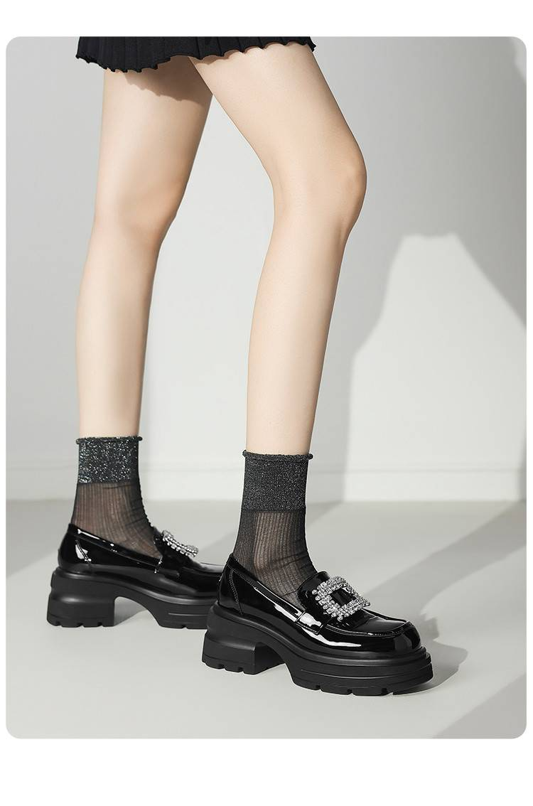 Cameido Women's Black Patent Synthetic Leather Loafers With Round Toe & 7CM PU Sole_voghion.com