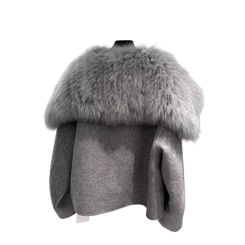 Luxuriöser Kurzmantel aus Kunstfuchspelz mit abnehmbarem Kragen – Wendbare Jacke aus Wollmischung mit elegantem Polokragen_voghion.com