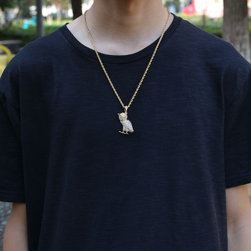 Collana con ciondolo a forma di gufo da donna con dettagli in diamanti, collana con ciondolo in lega in stile hip-hop per coppie, opzioni in oro e argento_voghion.com