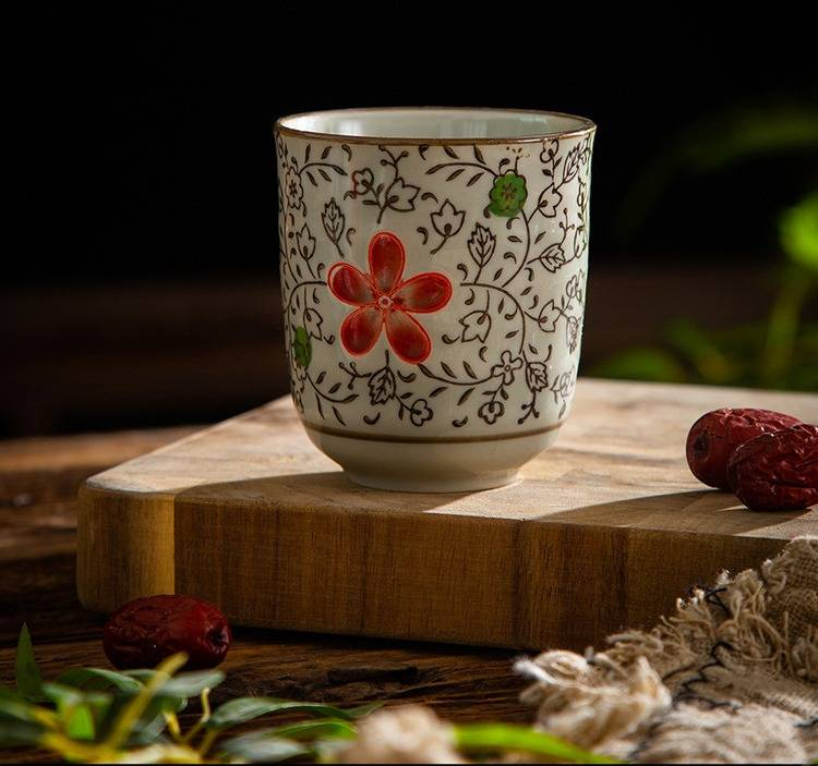 Japanese Style Underglaze Hand-Painted Ceramic Tea Cup - 250ml Traditional Floral Design, Microwave Safe_voghion.com