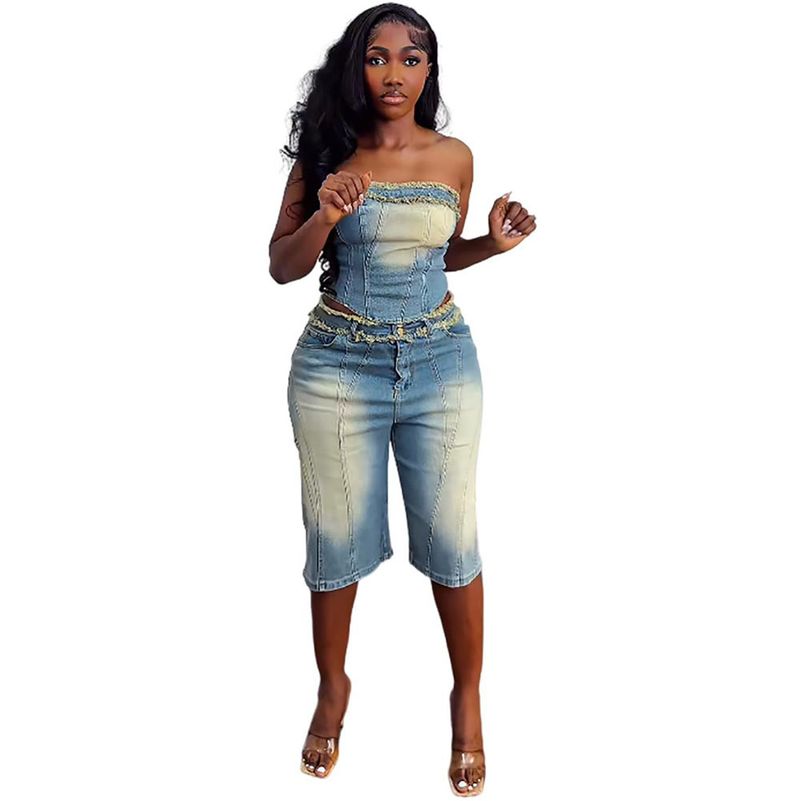 Women's Clothing Jeans Suit Fashion Raw Edge Wrap Top High Waist Denim Shorts_voghion.com