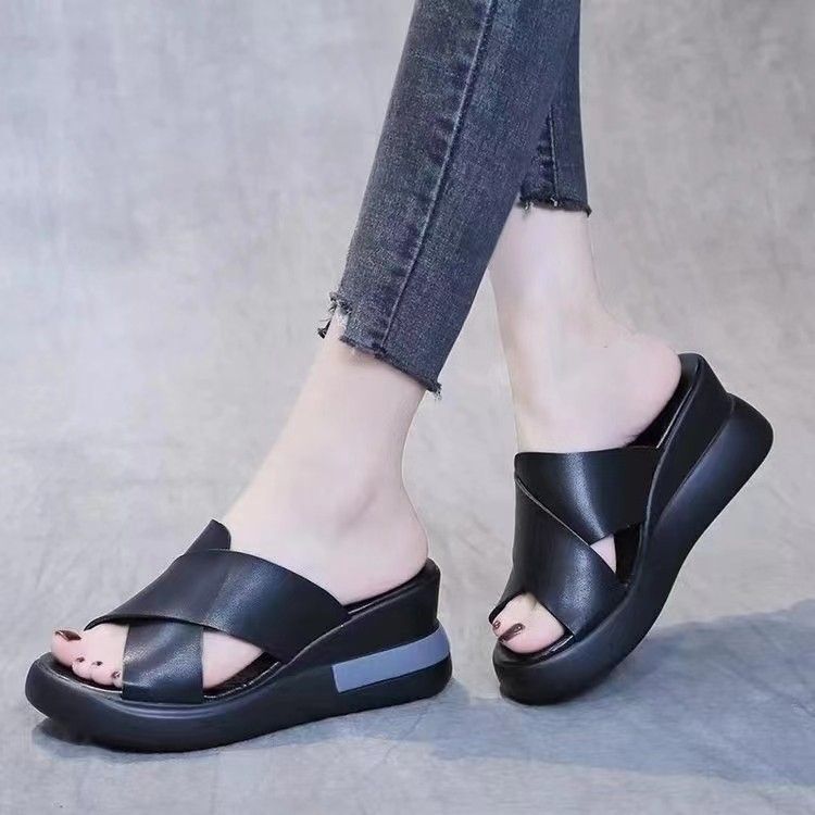 Hausschuhe mit Keilabsatz für Damen, lässig, offene Zehenpartie, Feenstil, dicke Sohle, Plateau, gekreuzte Schuhe in großer Größe für Damen_voghion.com