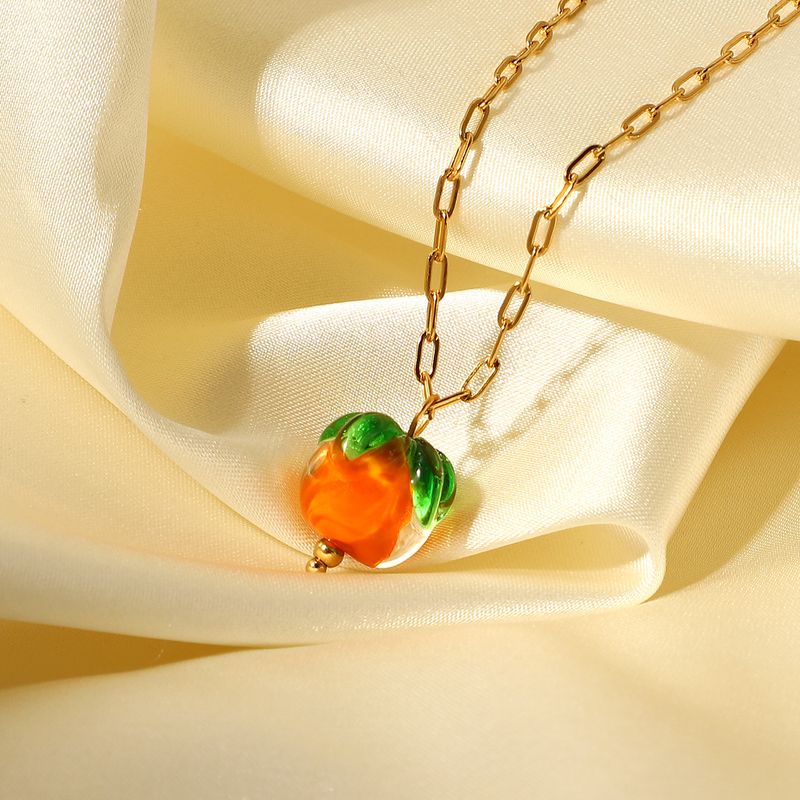 Corrente de cruz de aço inoxidável dourada francesa para moda feminina, colar com pingente de caqui e contas de vidro estilo INS_voghion.com