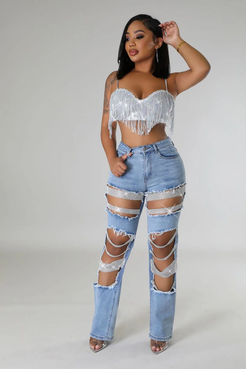Women's Clothing Hot Girl Summer Pants Holes Heavy Beaded Beaded Stretch Jeans Trousers Women Jeans_voghion.com