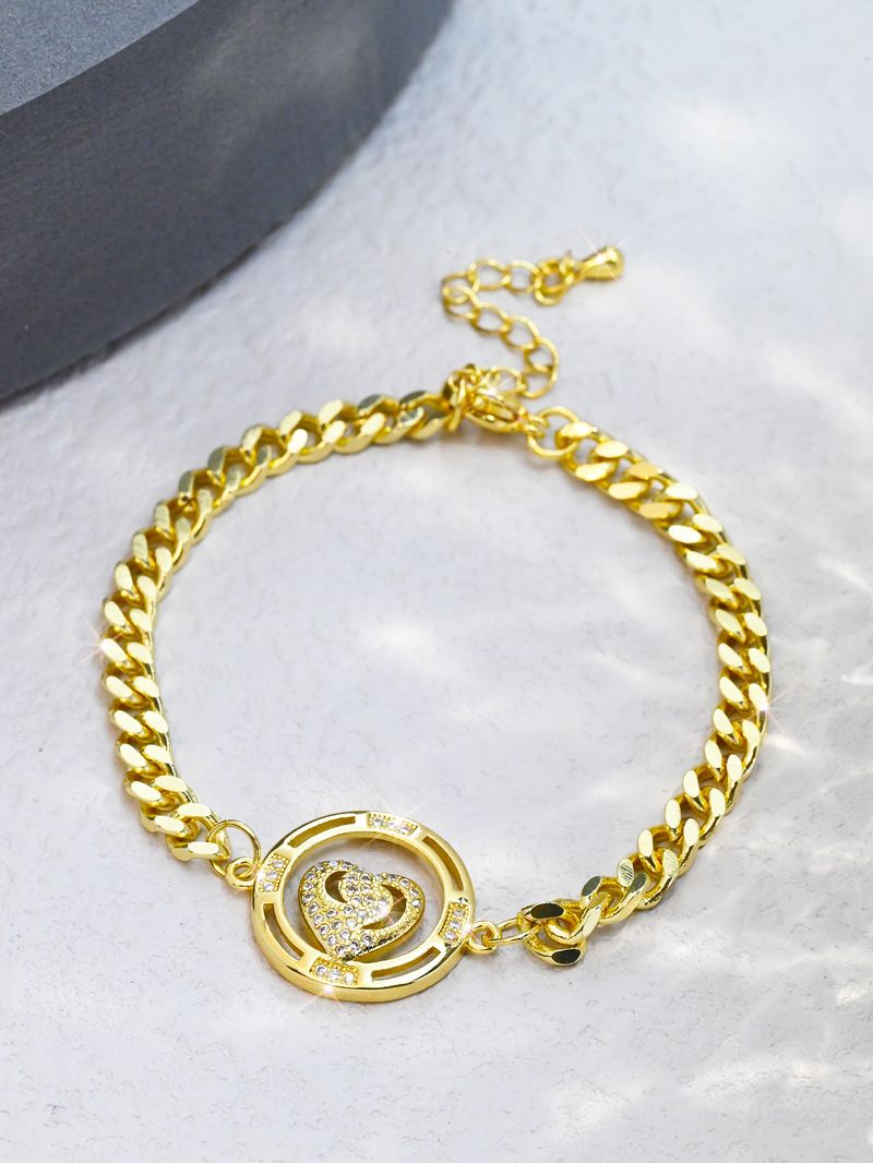 Bracelet élégant et polyvalent en forme de cœur, orné de zircon, ajustable et plaqué or, style cubain. Bijou pour femme._voghion.com