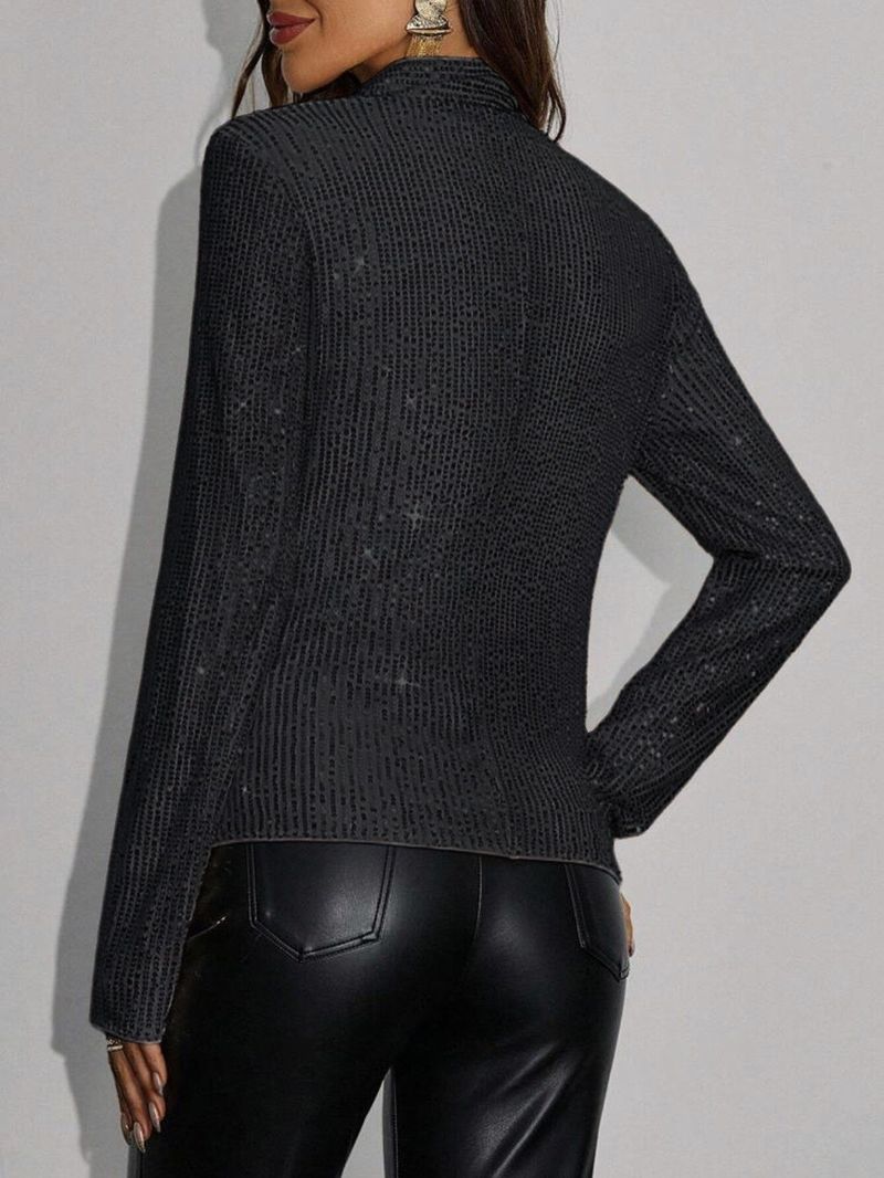 Women's New Fashion Stand Collar Solid Color Short Casual Versatile Sequin Jacket_voghion.com