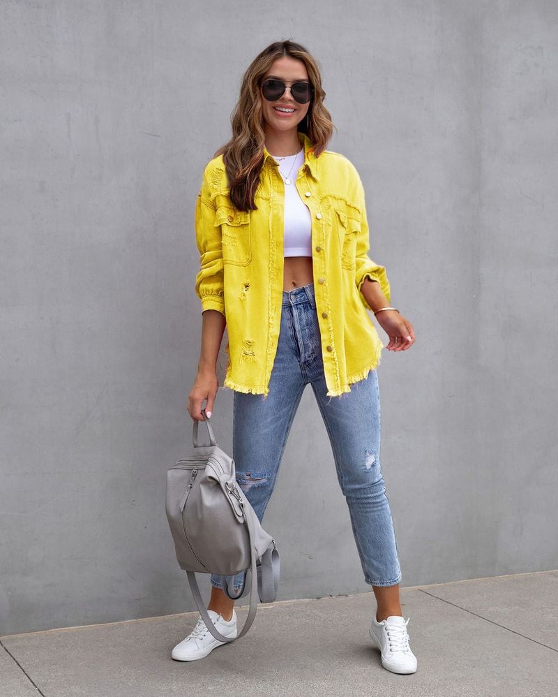 Giacca in denim effetto used da donna, oversize, a maniche lunghe, casual, in tinta unita_voghion.com