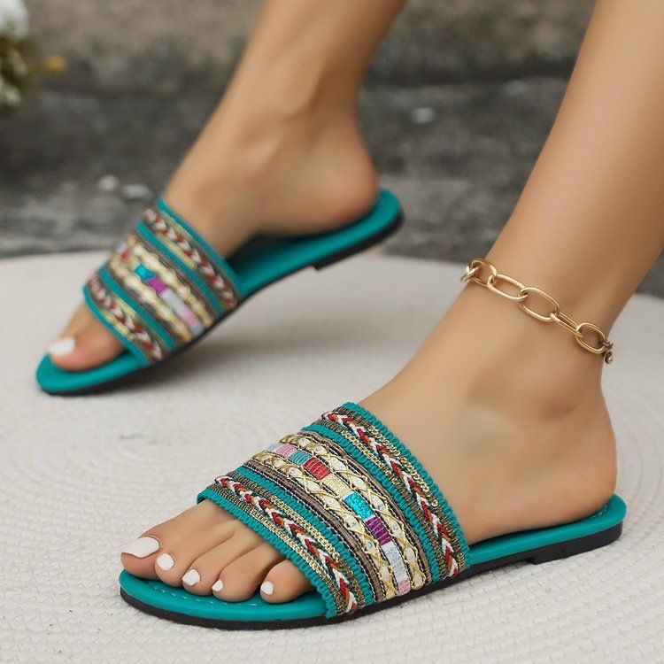 Einreihige Hausschuhe in großen Größen für Damen Bohemian Casual Flat Beach Sandalen auf Lager_voghion.com