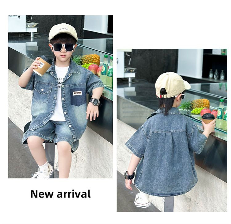 Abbigliamento per bambini piccoli, camicia in denim, completo con colori sfumati, alla moda, estivo, a maniche corte, completo in due pezzi_voghion.com