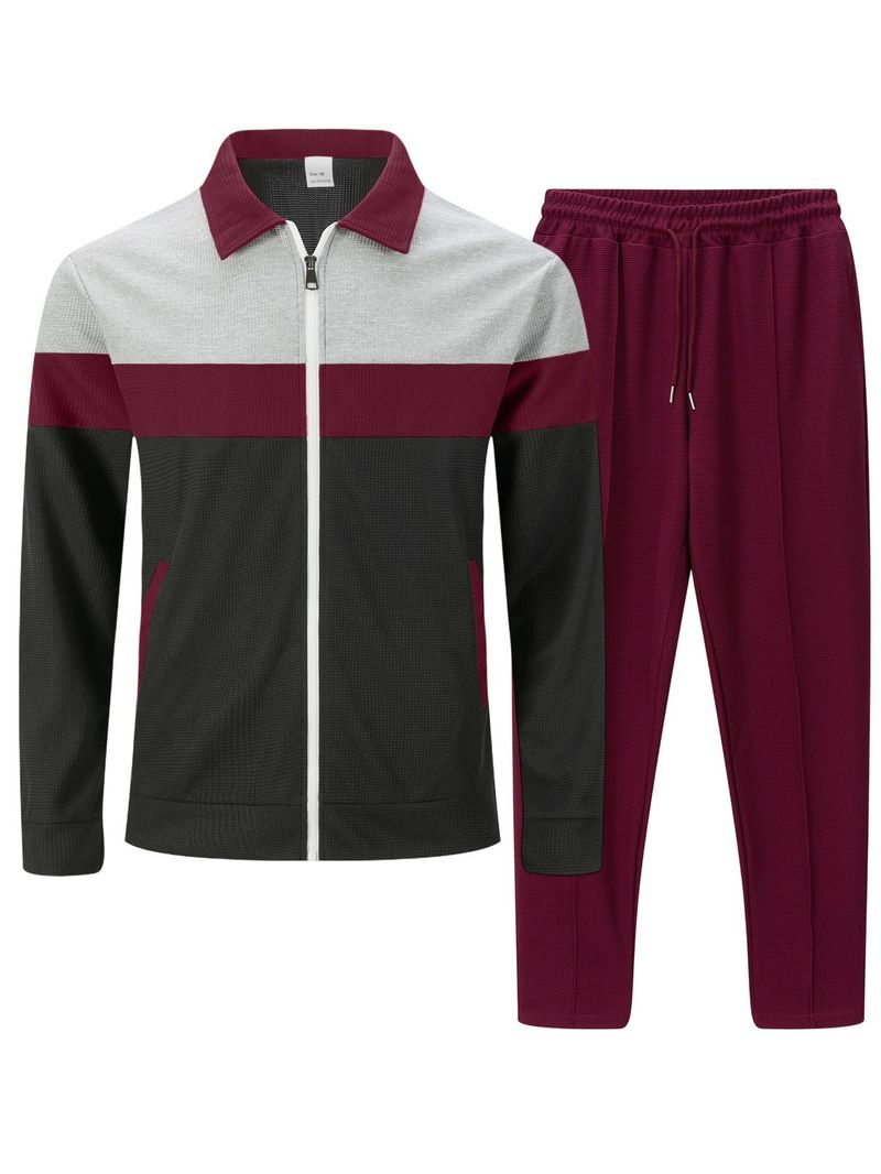 Herren-Set aus Jacke und Hose mit Reißverschluss im Waffelstrick-Farbblockdesign – Stilvolles Herbst-Outfit für Freizeit- und Sportbekleidung_voghion.com