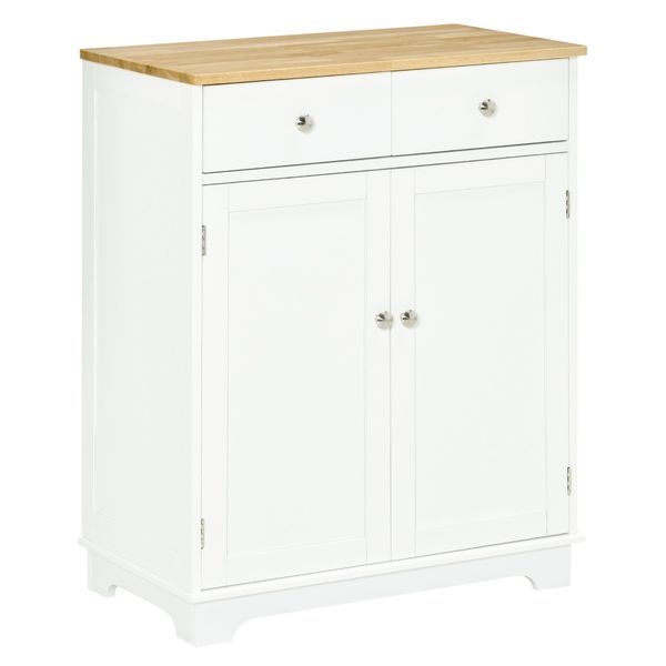 HOMCOM Kitchen Storage Cabinet, Sideboard Floor Cupboard With Solid Wood Top, Adjustable Shelf & 2 Drawers For Living Room, Hallway, White_voghion.com