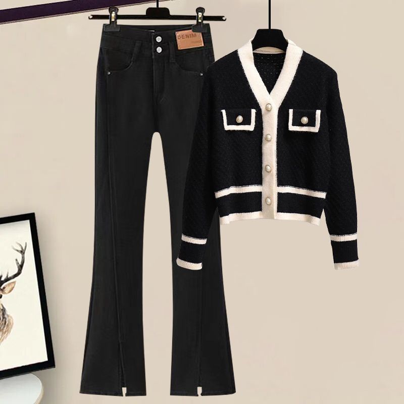 Women's Stylish Denim Set Knit Cardigan With Contrast Color Block Flared Bootcut Pants Slim Fit V-Neck Top HighSlit Bell Bottoms OfficeCasual Outfit_voghion.com