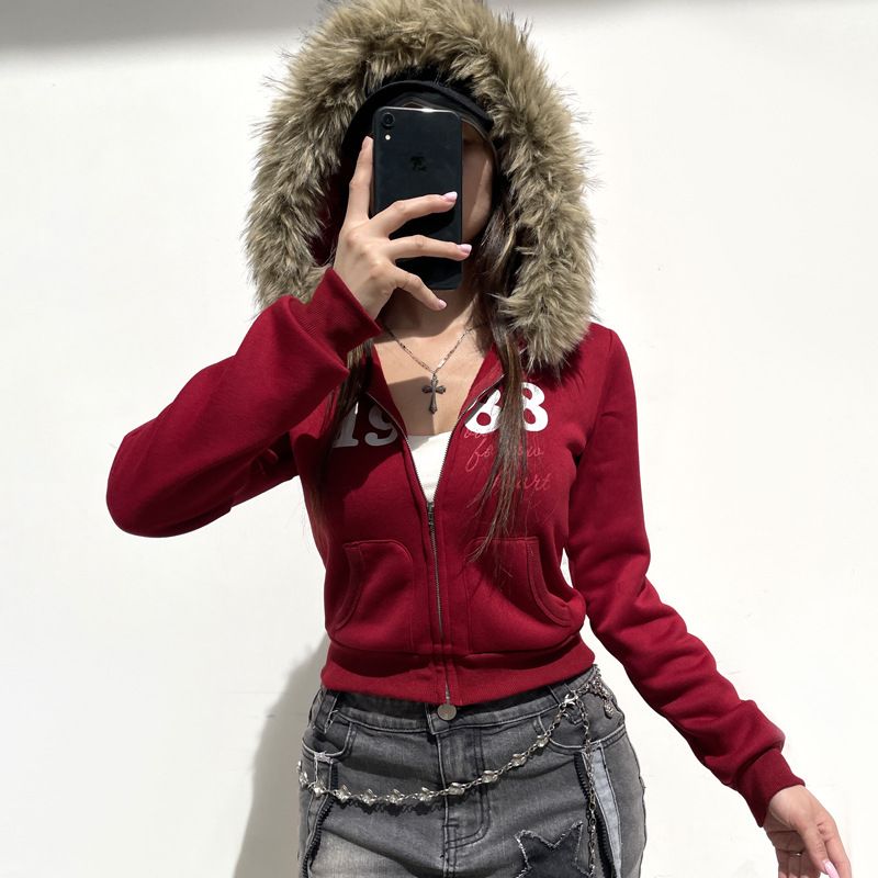 American Digital Printed Fur Patchwork Hooded Sweatshirt, Spicy Girl Street Contrasting Color, Slim Fit Zipper Casual_voghion.com