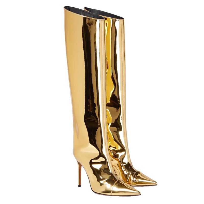 2021 New Fashion Show Autumn Winter Pointed Toe Iridescent Patent Leather High Heel Knee-High Plus Size Long Boots For_voghion.com