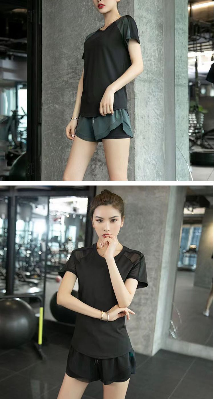 Ensemble de sport deux pièces amincissant à manches courtes pour femme, vêtements de fitness d'été, de course à pied, de yoga à séchage rapide_voghion.com