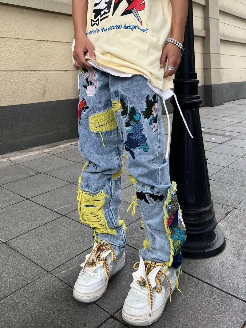 Jean brodé brossé pour homme, style hip-hop, style streetwear, coupe droite, ample, style traînant au sol, pour couple_voghion.com