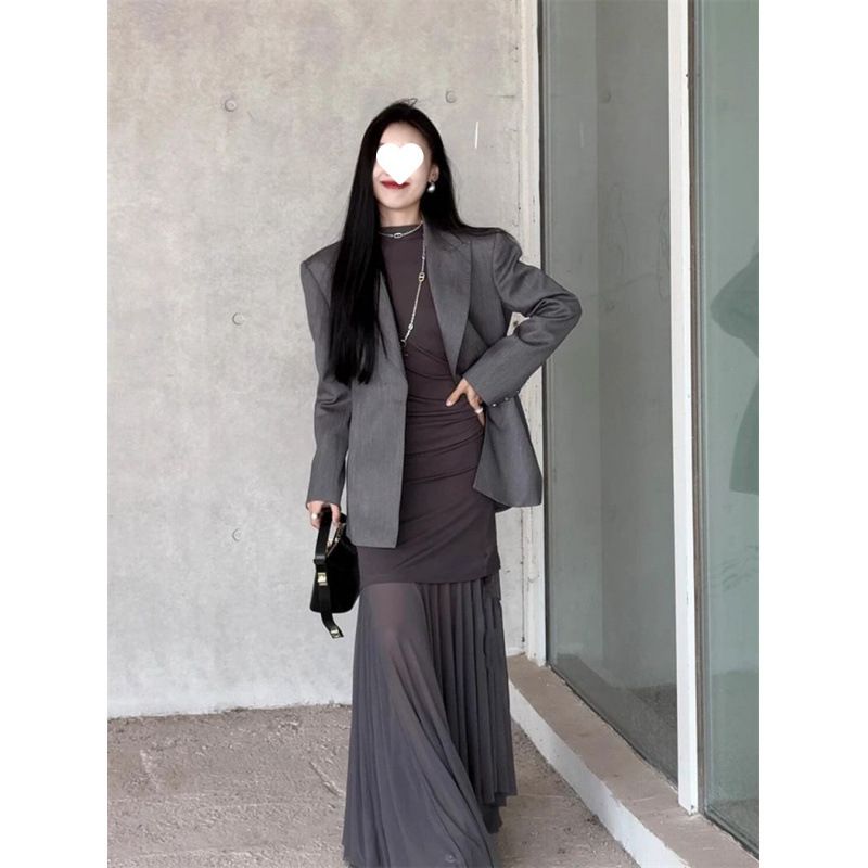 25 Spring New French Style Elegant Light High-End Simple Commuting Gray Blazer Dress Set For Women_voghion.com