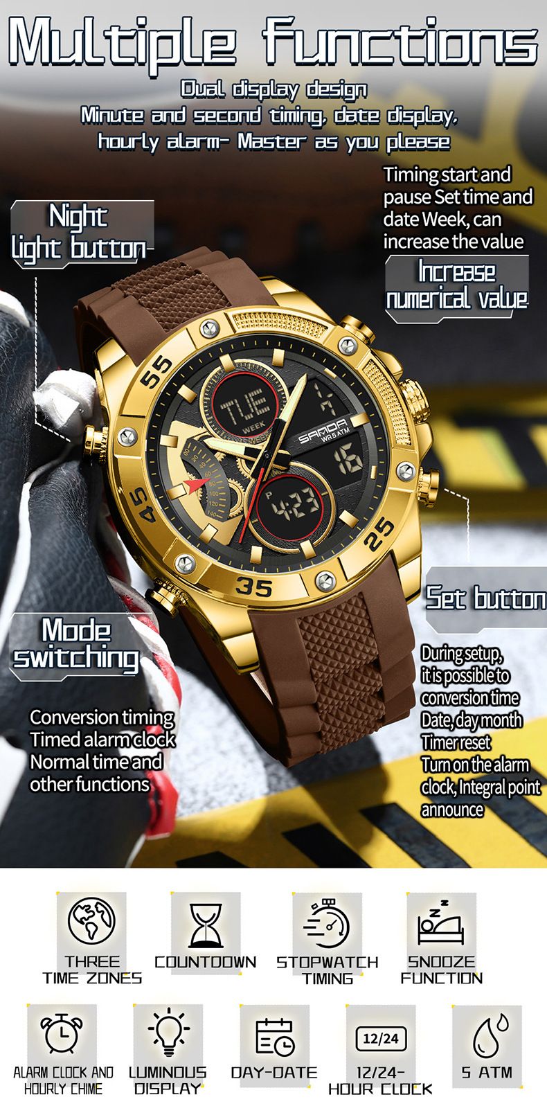 Digital Analog Sports Watch Silicone Strap, Dual Display, Alarm, Waterproof, Stopwatch, Countdown, Backlight For Swimming, Running, Outdoor Activities_voghion.com