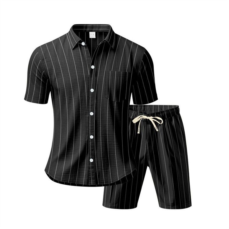 Vêtements pour hommes, costume d'été en lin pour hommes, chemise ample à manches courtes à rayures, short de plage, costume deux pièces_voghion.com