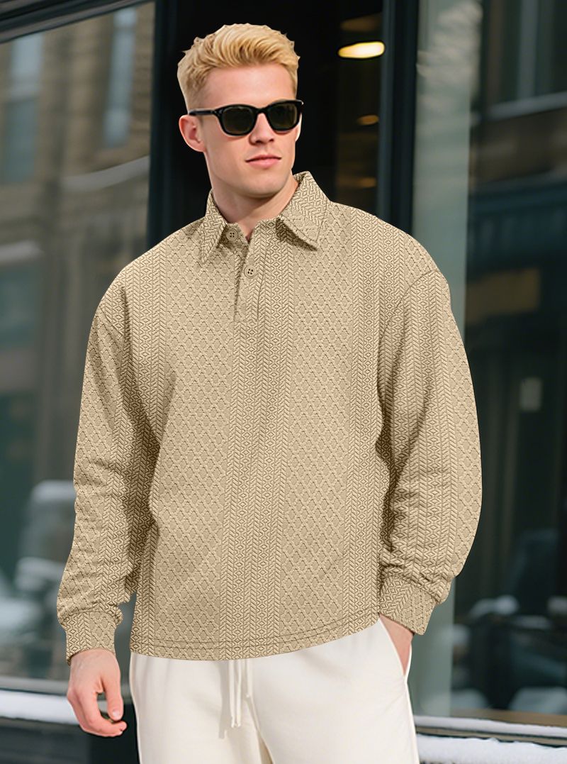 Tactile Jacquard Polo Shirt – Men’s Textured Long-Sleeve Button-Up (Minimalist, Breathable Polyester, Relaxed Fit, S-3XL, Elevated Basics)_voghion.com