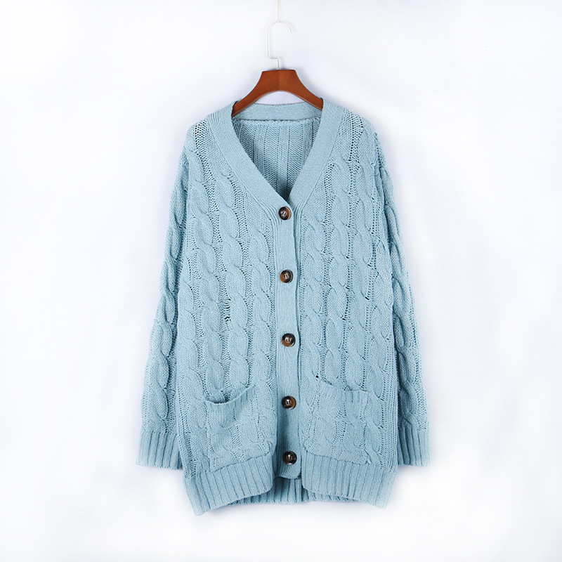 Neuer einreihiger, dicker, langärmliger Strickpullover-Cardigan-Mantel für Herbst und Winter mit verdrehter Tasche für Damen_voghion.com