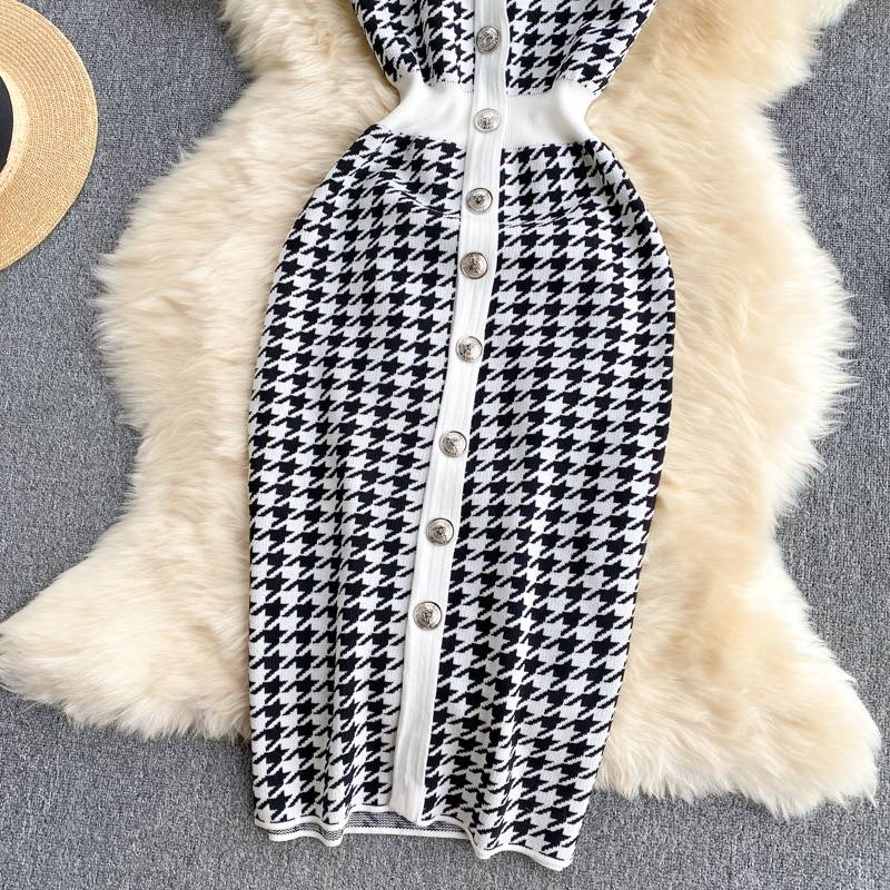 Abbigliamento da donna Abito in maglia retrò pied de poule con vita temperamento estivo scollo a V abbottonato vestibilità attillata gonna media e lunga sui fianchi_voghion.com